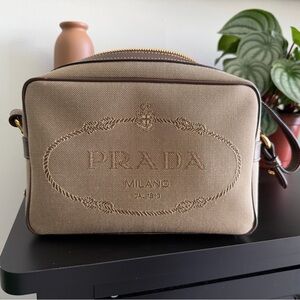 Prada Milano Tan Brown Logo Stiched Cross Body Purse, Limited Edition